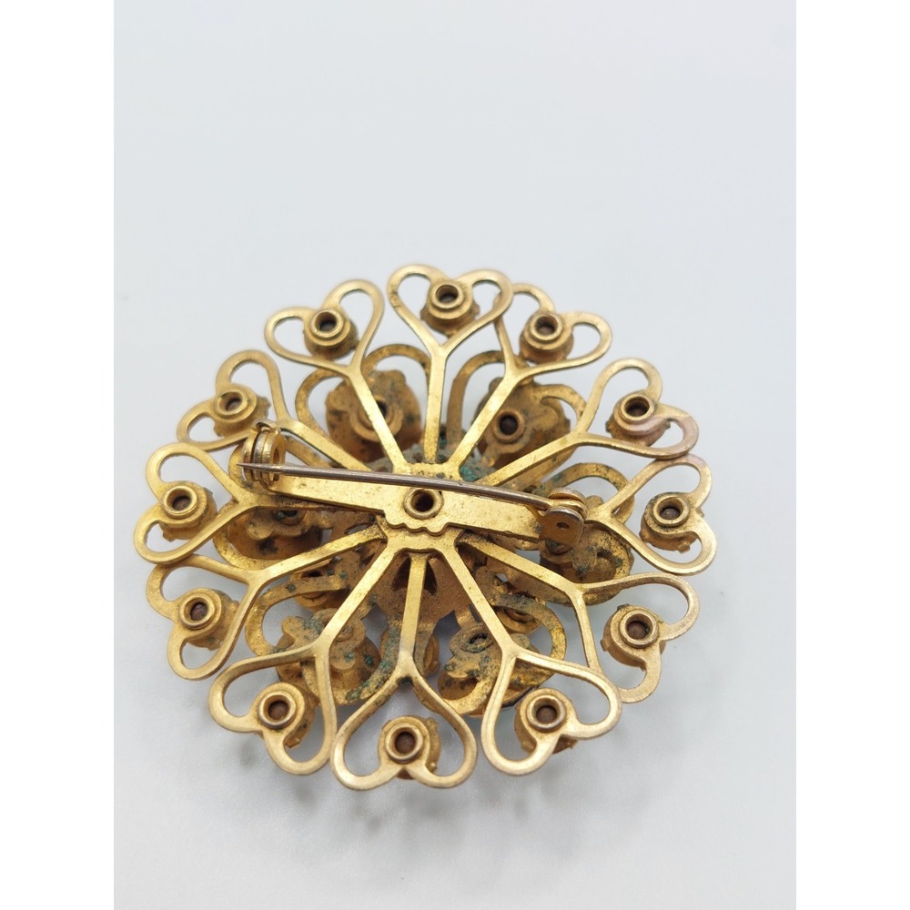 Aurora Borealis Rhinestone Brooch Gold Filigree Flower Grandmillennial Vintage - Picture 8 of 12